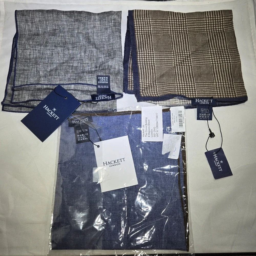 Hackett London Pocket Square Lot Of 3 Scarf 100% Linen Made in Italy NWT